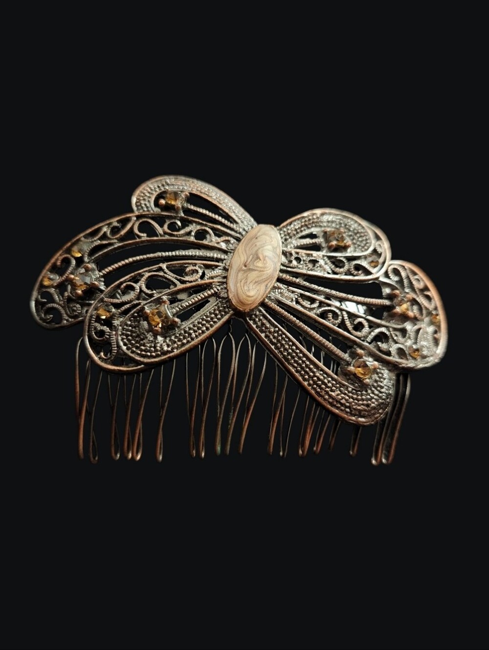 Antique Topaz Enamel Bronze Tone Hair Comb Art Deco Bow